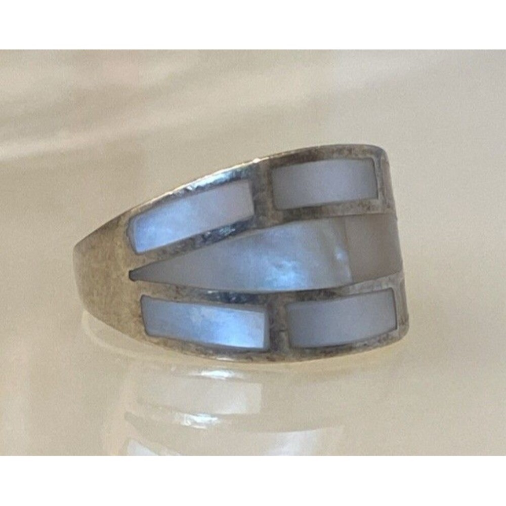 Mother of Pearl Inlay 925 Sterling Silver Nacre Iridescent Mosaic Tile Ring 7.5 - Picture 3 of 11